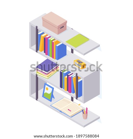Books on shelf in isometric vector illustration. Stacks of standing and lying paper books with hard cover in case for home interior and storage. Various literature in box for education and reading.