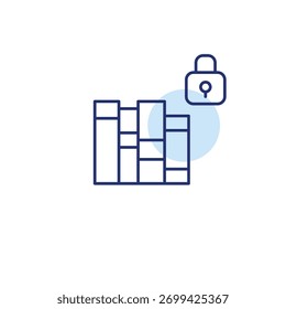 Livros na prateleira e fechadura. Acesso seguro à biblioteca, dados pessoais privados. Pixel perfeito, ícone de vetor de traçado editável