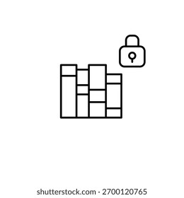 Livros na prateleira e fechadura. Acesso seguro à biblioteca, dados pessoais privados. Pixel perfeito, ícone de vetor de traçado editável