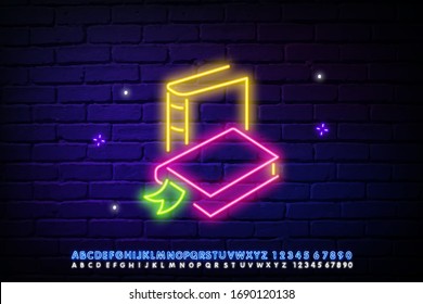 Books on shelf neon sign. Various colorful in row on shelf. Night bright advertisement. Vector illustration in neon style for literature and library