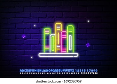 Books on shelf neon sign. Various colorful in row on shelf. Night bright advertisement. Vector illustration in neon style for literature and library