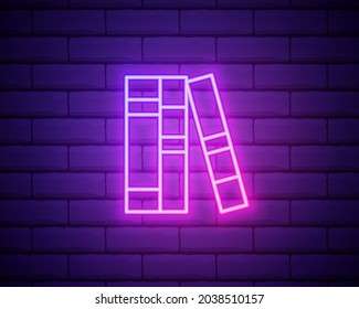 Books on shelf neon sign. Night bright advertisement. Vector illustration in neon style for literature and library.