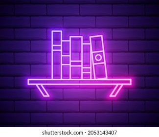 Books on shelf neon sign. Various colorful in row on shelf. Night bright advertisement. Vector illustration in neon style for literature and library isolated on brick wall background