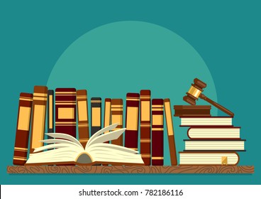 Books On Shelf With Open Book And Judge Gavel On Teal Background. Legal, Juridical Education. Jurisprudence Studying, Law Theory. Vector Illustration.
