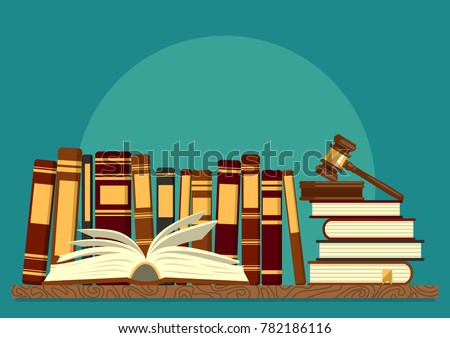 Books on shelf with open book and judge gavel on teal background. Legal, juridical education. Jurisprudence studying, law theory. Vector illustration.