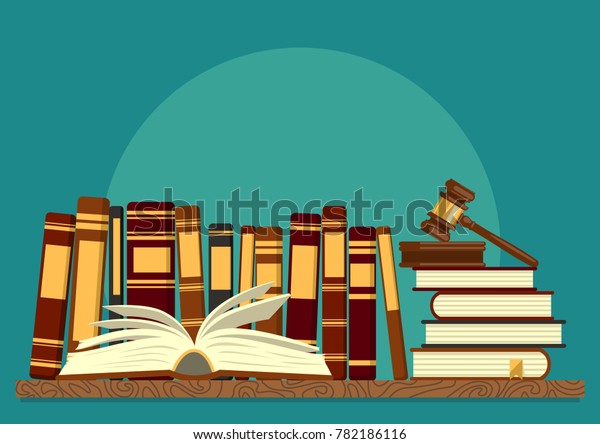 青い背景に本が開いていて ガベルを判断する本が棚に付いています 法律教育法学研究法理論 ベクターイラスト のベクター画像素材 ロイヤリティフリー