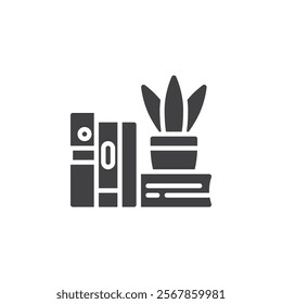 Books on shelf with plant vector icon. filled flat sign for mobile concept and web design. Bookshelf Decor glyph icon. Symbol, logo illustration. Vector graphics