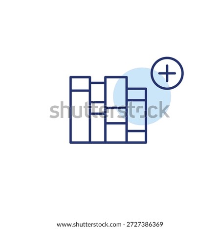 Books on shelf and plus. Reading habit, knowledge gain. New addition to library. Pixel perfect, editable stroke vector icon