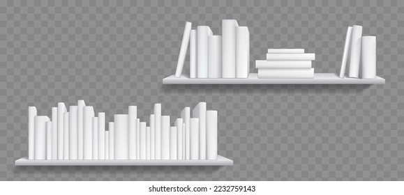 Books on shelf realistic mockup, bookshelf with bestsellers. Booklets with white covers and spines in library or store. Diary volumes with empty paperback lying and standing in row, 3d vector mock up