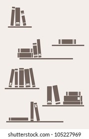 Books on the shelf - simply retro vector illustration. Vintage objects for decorations, background, textures or interior wallpaper. Brown bookshelves on the wall