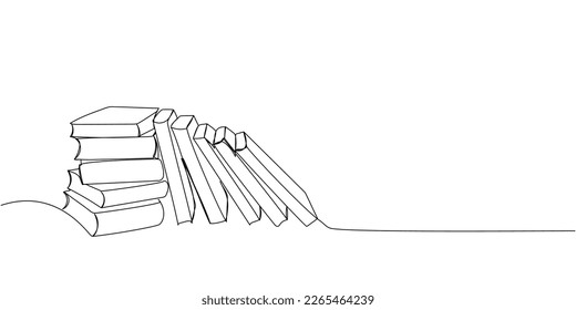 Books are on the shelf and in a stack one line art. Continuous line drawing of book, library, education, school, study, literature, paper, textbook, knowledge, read, learn, page, reading.