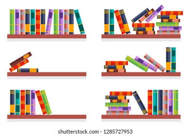 Books on shelf vector cartoon flat set isolated on a white background.