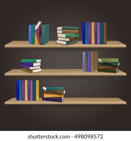 Books on the shelf vector retro illustration. Vintage library objects 