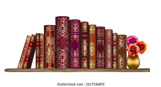 Books on the shelf. Wall sticker. Artistic, hand-drawn image of red old books with a bouquet of roses in a Golden vase standing on a shelf on a white background.