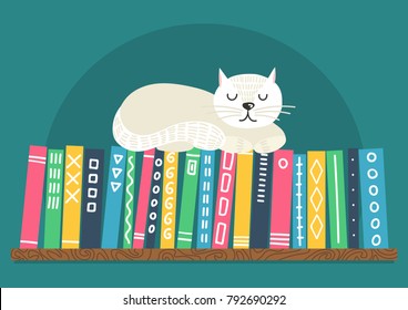 Books on shelf with white cat. Different color books with ornament on shelf on teal background. Cute cat sleeping on bookshelf. Vector illustration.