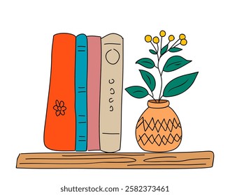 Books on shelf with wild flowers in vase. Fiction, classic, science literature on bookshelf. Home library. Hand drawn vector colored outline illustration isolated on white background