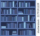 Books on the shelves of the bookcase in blue shadows. Library. Vector illustration. Graphic design.