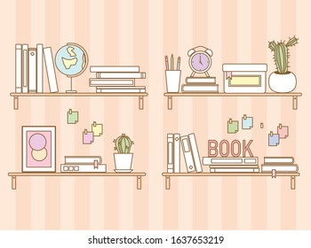 books on shelves 
flat design style minimal vector illustration
cactus on a shelf