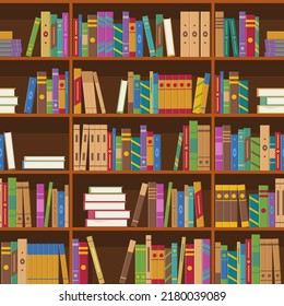 Books on shelves seamless pattern. Bookcase or bookshelves library or bookstore background. Education and knowledge, studying and learning. Vector illustration