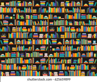 Books on shelves, seamless pattern. Bookcase, library. Vector illustration. Education, training, literature. Flat design.