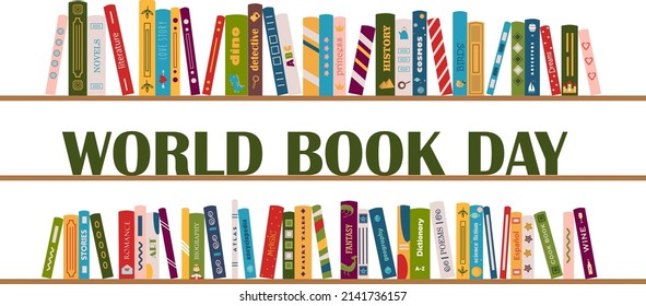 Books On Shelves. World Book Day. International Literacy Day. Biography, Adventure, Novel, Poem, Fantasy, Story, Detective, Art, Romance, Childrens Books, Cook Books.Vector Illustration In Flat Stile