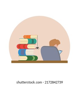 The books on the table. The boy does not want to read books. He is holding a phone in his hand. The child is addicted to a video game.Vector illustration.