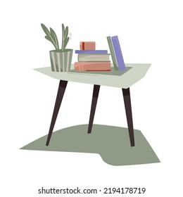 Los libros sobre la mesa. Flor en una olla sobre la mesa. Imagen vectorial.