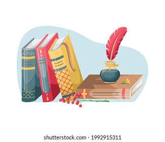 Les livres sont sur une table avec un inkwell et un stylo. Livres à l'intérieur. Éducation, lecture.