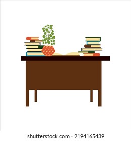 Books on the table. Books lie in steel, one open. design for readers of many books. Exam Preparation Concept with Open Textbook. The concept for Studying, School, College, University  etc. Vector