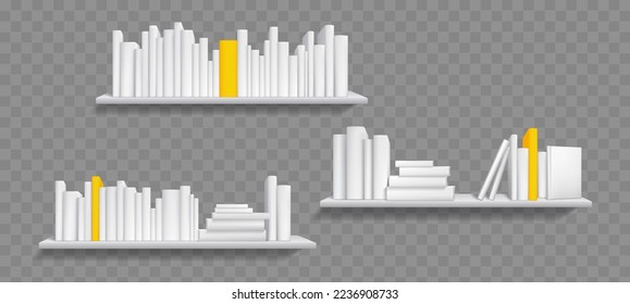 Books on white bookshelf, bestseller mockup with yellow cover stand on shelf in library or store. Booklets, diary volumes with empty spines stand on rack hanging on wall, Realistic 3d vector mock up