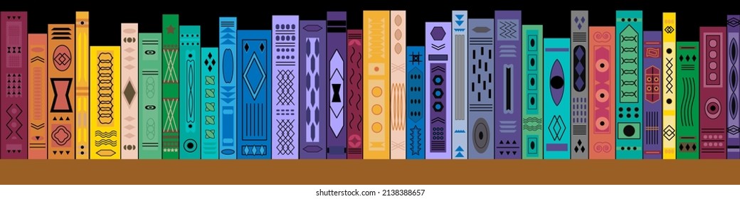 Books on the wooden shelf. Bookshelf for interiors in cartoon style. Vector illustration isolated on black background