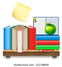 Books on a wooden shelf. A stack of books, notebook, pencil and apple isolated on a white background. School Supplies. 