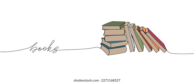 Books one line colored art. Continuous line color drawing of library, school, study, learn, reading with an inscription, lettering, handwritten.