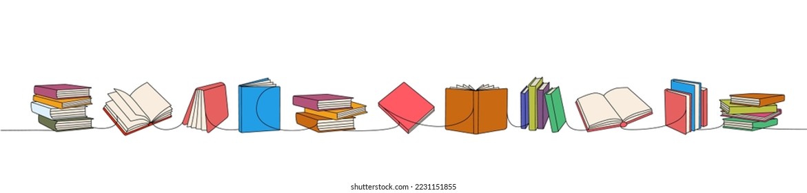 Books one line colored continuous drawing. Bookstore, library continuous one line colorful illustration. Vector minimalist linear illustration.