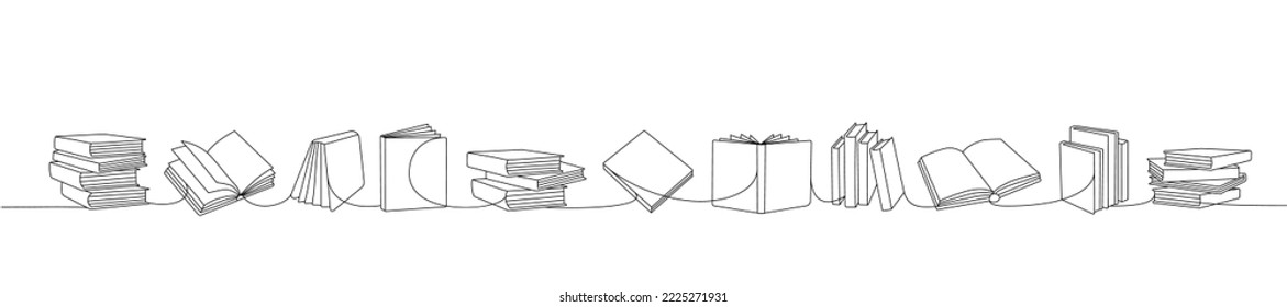 Books one line continuous drawing. Bookstore, library continuous one line illustration. Vector minimalist linear illustration.