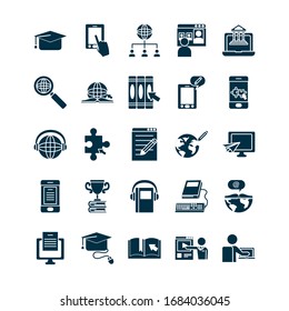 books and online education icon set over white background, silhouette style, vector illustration