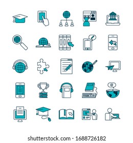 books and online education icon set over white background, half line half color style , vector illustration