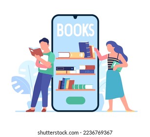 Books online. Smartphone application. Mobile service for reading. People choose literature. Digital bookshelf. E-library app. Students e-learning. Persons with ebooks