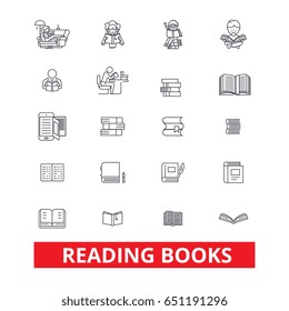 Books, open book, stack of books, bookshelf, library, read, reading book, paper line icons. Editable strokes. Flat design vector illustration symbol concept. Linear signs isolated on white background