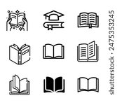 Books open, closed black icons set on white. Literature, publishing house, library pictograms collection. Reading festival, club logos. Writing competition vector for infographic, web. Top, side view.