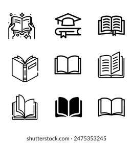 Books open, closed black icons set on white. Literature, publishing house, library pictograms collection. Reading festival, club logos. Writing competition vector for infographic, web. Top, side view.