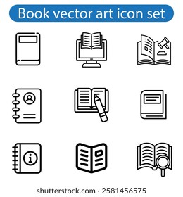 Books open, closed black icons set on white. Literature, publishing house, library pictograms collection. Reading festival, club logos. vector for infographic, web on white  background.