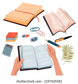 Books Open From Different Angles And Stationery In Color.Vector Set Isolated On White.Eraser, Pencil Sharpener, Pen, Paper Clips, Spiral Notepad,  Stickers, Hands Holding A Book.Flat  Illustration.