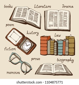 Books, open books, old clock and glasses set, vector illustration