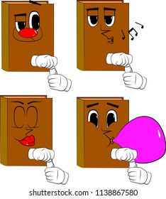 Books opening a blank tube of paste. Cartoon book collection with various faces. Expressions vector set.