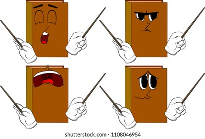Books orchestra conductor. Cartoon book collection with sad faces. Expressions vector set.