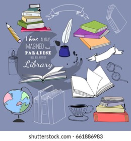 Books and other library stuff. Hand drawn colored graphic vector set. All elements are isolated