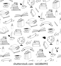 Books and other library stuff. Hand drawn graphic vector seamless pattern