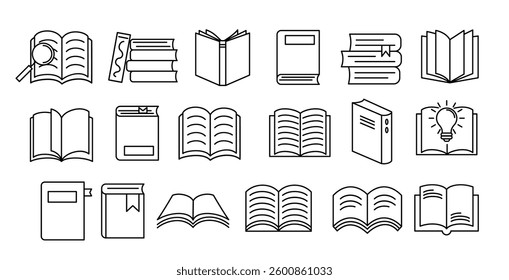 Books outline clipart set. School library elements clip art collection like textbook, dictionary, notebook, novel and literature drawing books vector illustration.  

