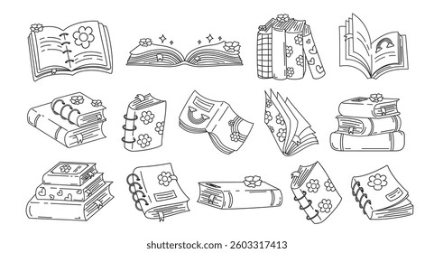 Books outline clipart set. School textbook with open and closed page clip art collection in black and white line art for preschool educational materials vector illustration.

